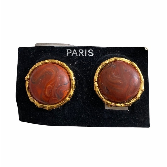 Vintage Signed Carita Paris Gold and Orange Clip on Earrings - Picture 1 of 6